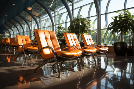 A row of orange leather chairs in an airport. Luxury chairs in airport lounge.の素材