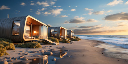 A couple of cabins sitting on top of a sandy beach.の素材