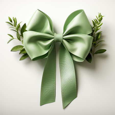 A green bow tied to a green plant.の素材