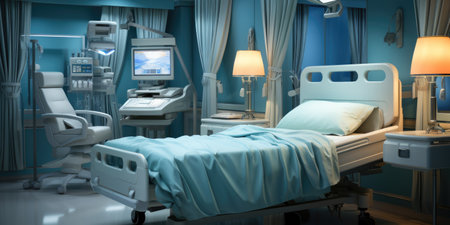 A hospital room with a hospital bed and a monitor.の素材