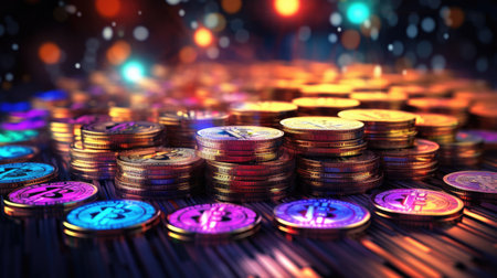 A pile of coins sitting on top of a table. Blockchain, decentralized currency.の素材