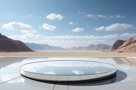 A round mirror sitting on top of a tiled floor.の素材