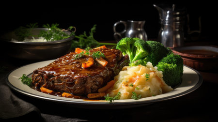 A plate of food with broccoli and mashed potatoes. Sauerbraten, german dish.の素材
