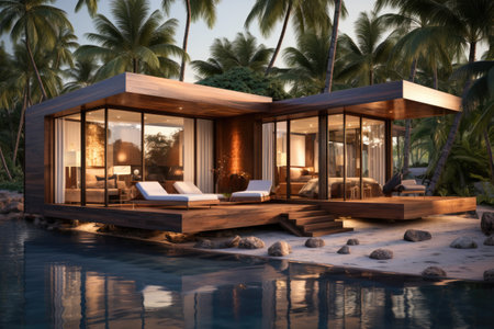 A small wooden house on a beach with palm trees in the background.の素材