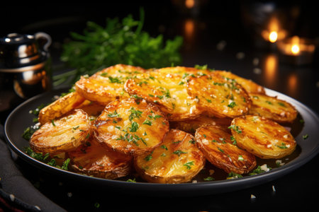 A plate of baked potatoes on a table. Bratkartoffeln, German dish.の素材