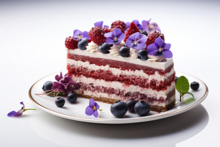 A piece of cake with berries and blueberries on a plate. Eadible flowers decoration.の素材
