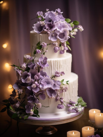A wedding cake with purple flowers and candles.の素材