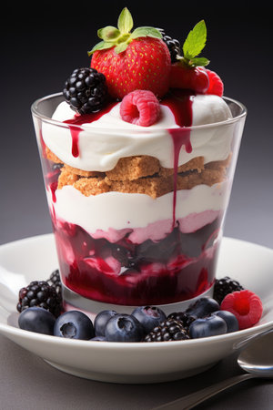 A dessert with berries and whipped cream on a plate.の素材