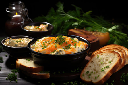 A plate of food with bread and a bowl of dip.の素材