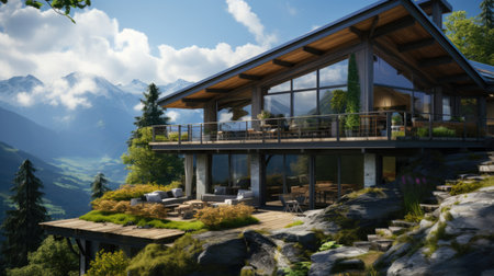 A house on top of a mountain overlooking a valley.の素材