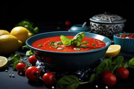 A bowl of tomato soup surrounded by lemons and tomatoes. Spanish salmorejo soup.の素材