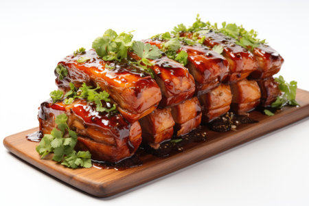 A wooden plate topped with meat covered in sauce. Cantonese roasted pork.の素材