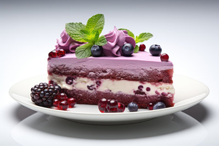 A piece of cake with berries on a plate. Eadible flowers decoration.の素材