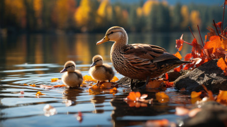 A mother duck and her two young ducks in the water. Autumn season, orange leaves.の素材