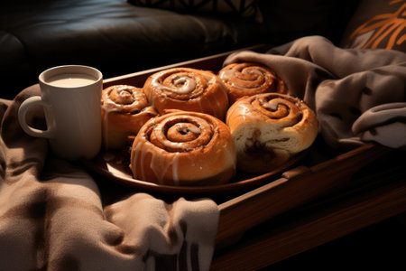 A tray of cinnamon buns and a cup of coffee.の素材