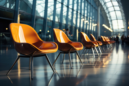 A row of orange chairs sitting in a lobby. Luxury chairs in airport lounge.の素材