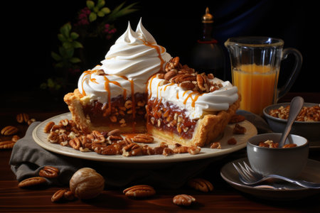 A piece of pekan pie on a plate next to a glass of orange juice.の素材