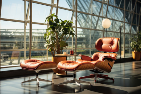 A chair and ottoman in front of a large window.の素材