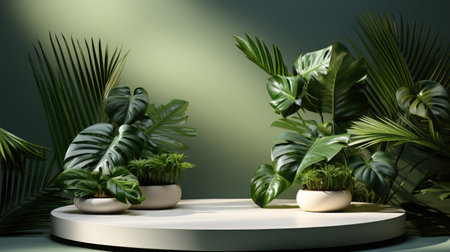 Simple podium mockup for a beauty or wellness product with palm and monstera leavesの素材