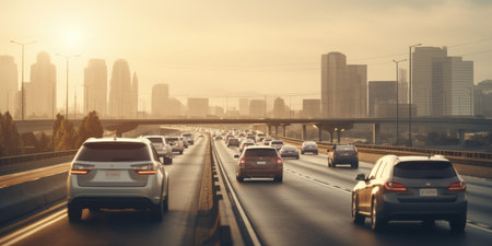 A bunch of cars that are on a highway.の素材