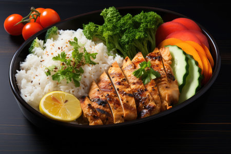 A black bowl filled with rice and vegetables.の素材