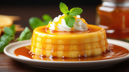 A dessert with caramel sauce and whipped cream. Spanish creamy flan dessert.の素材