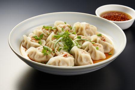 A white bowl filled with dumplings next to a bowl of sauce.の素材