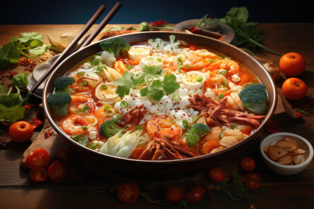 A bowl of noodles with shrimp and vegetables. Asian hot pot.の素材