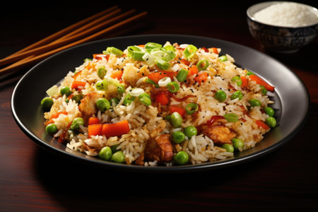 A plate of rice and vegetables with chopsticks.の素材