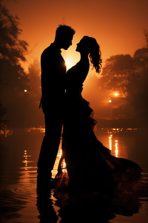 A man and a woman standing in the water at sunset. Romantic dance silhouette.の素材