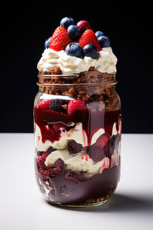 A dessert in a jar with whipped cream and berries.の素材