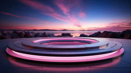 A pink light shines in the middle of a circular platform.の素材
