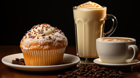 A cup of coffee and a muffin on a table. Brown butter flavor.の素材