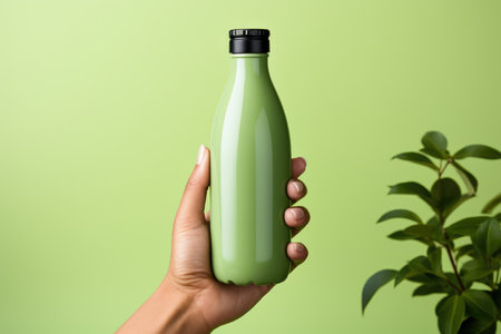 A person holding a green bottle in their hand. Drinking bottle mockup.の素材