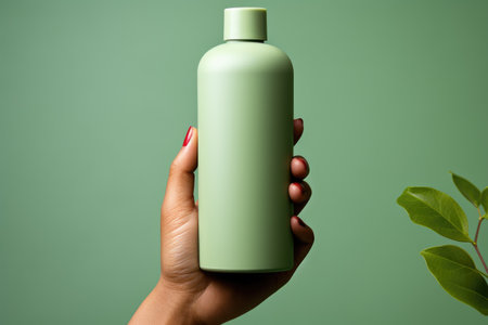 A hand holding a green bottle with a plant in the background. Drinking bottle mockup.の素材