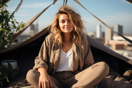 A woman sitting in a tent with a city in the background.の素材