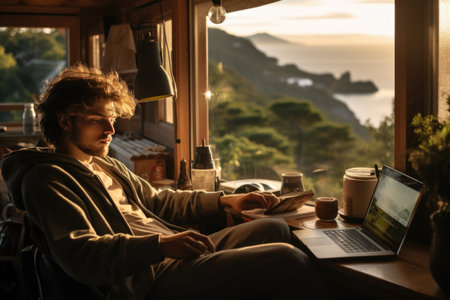 A man sitting at a table using a laptop computer.の素材