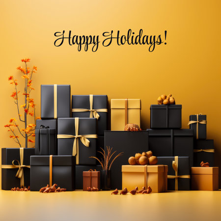 A pile of black and gold gift boxes. Black Friday sale campaign.の素材