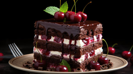A piece of chocolate cake with cherries on top. Black forest cake.の素材