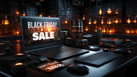 A laptop computer sitting on top of a desk. Black Friday sale campaign.の素材