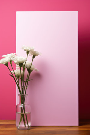 A vase with white flowers in front of a pink wall. Mockup for your lettering or art.の素材