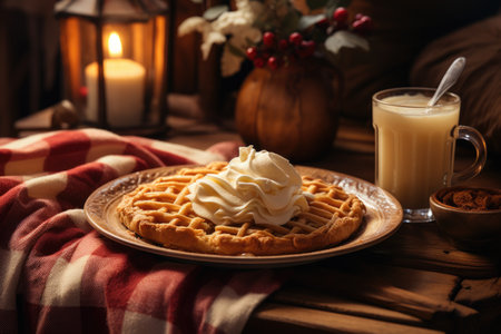 A plate of waffles with whipped cream and a glass of milk.の素材