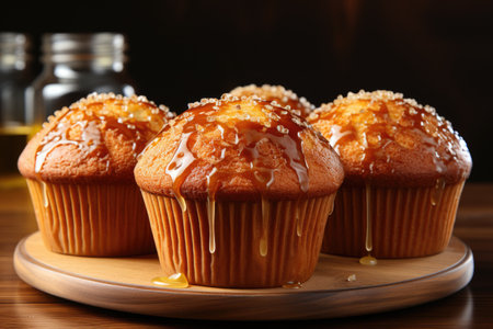Three muffins are sitting on a plate on a table. Brown butter flavor.の素材