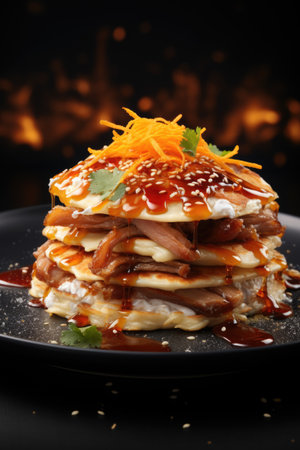 A black plate topped with a stack of pancakes covered in sauce. Peking duck, chinese dish.の素材