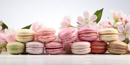A bunch of macarons sitting on top of a table.の素材