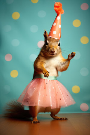 A squirrel dressed in a pink tutu and a party hat.の素材