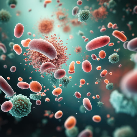 Bacteria, benigh gut bacterial cells. Imaginary illustration of microbiome.の素材