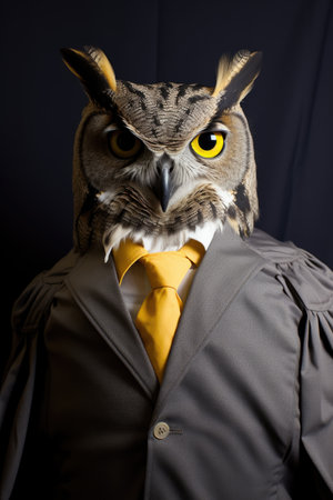 An owl wearing a suit and yellow tie.の素材
