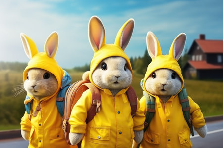Three rabbits as scool children dressed in raincoats and backpacks.の素材