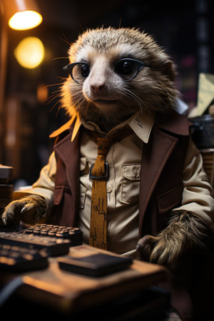 A raccoon dressed in a suit sitting at a desk with a keyboard.の素材